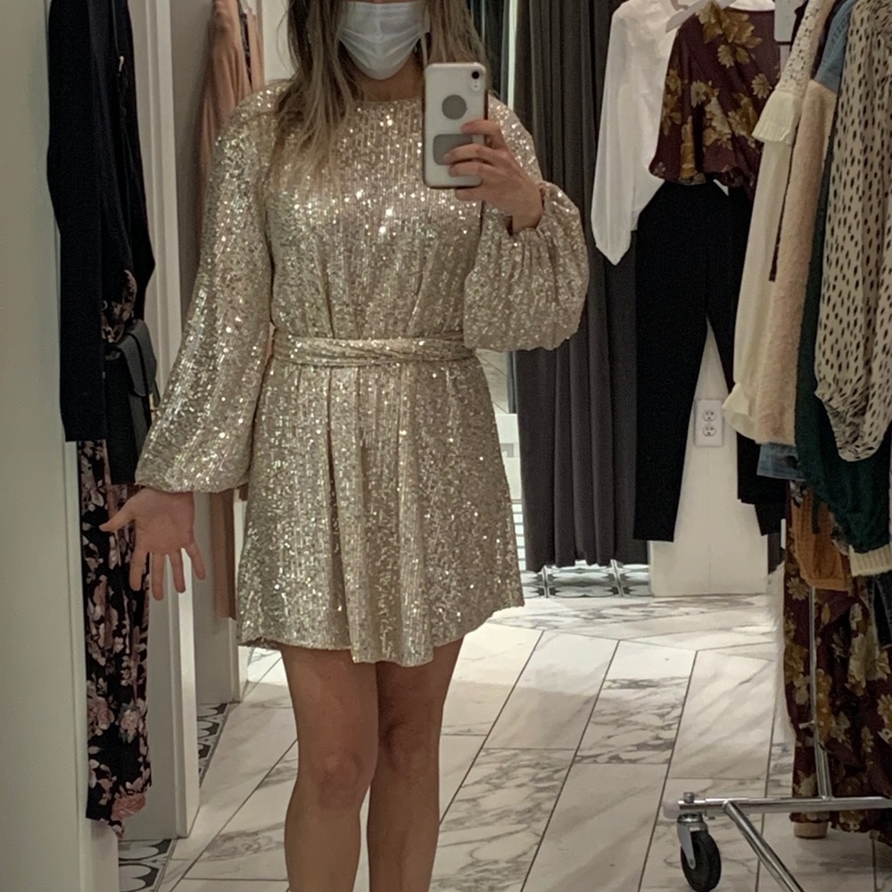 Gold/tan sparkly sequined long-sleeved mini dress